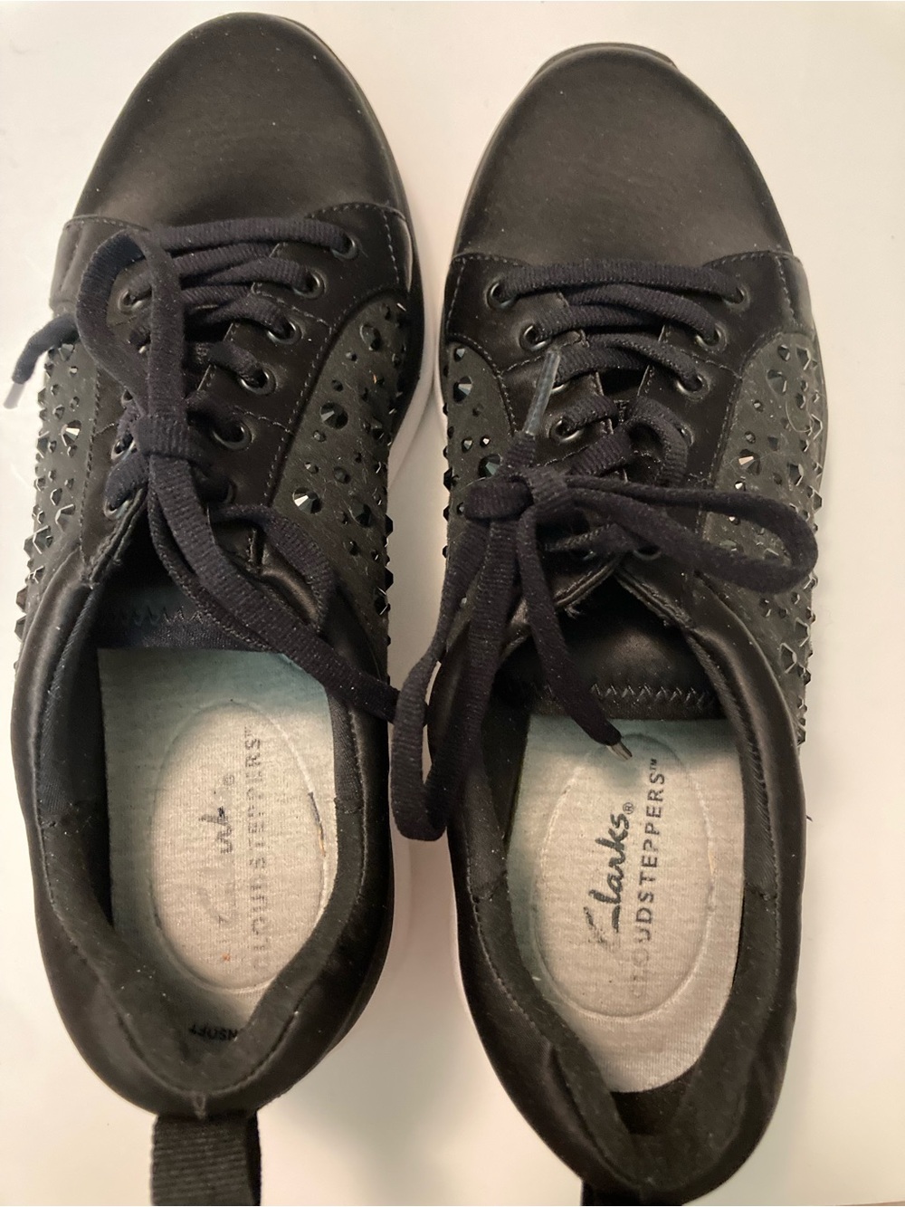 Clarks Women's Black Studded satin like Lace-Up Athletic Sneakers